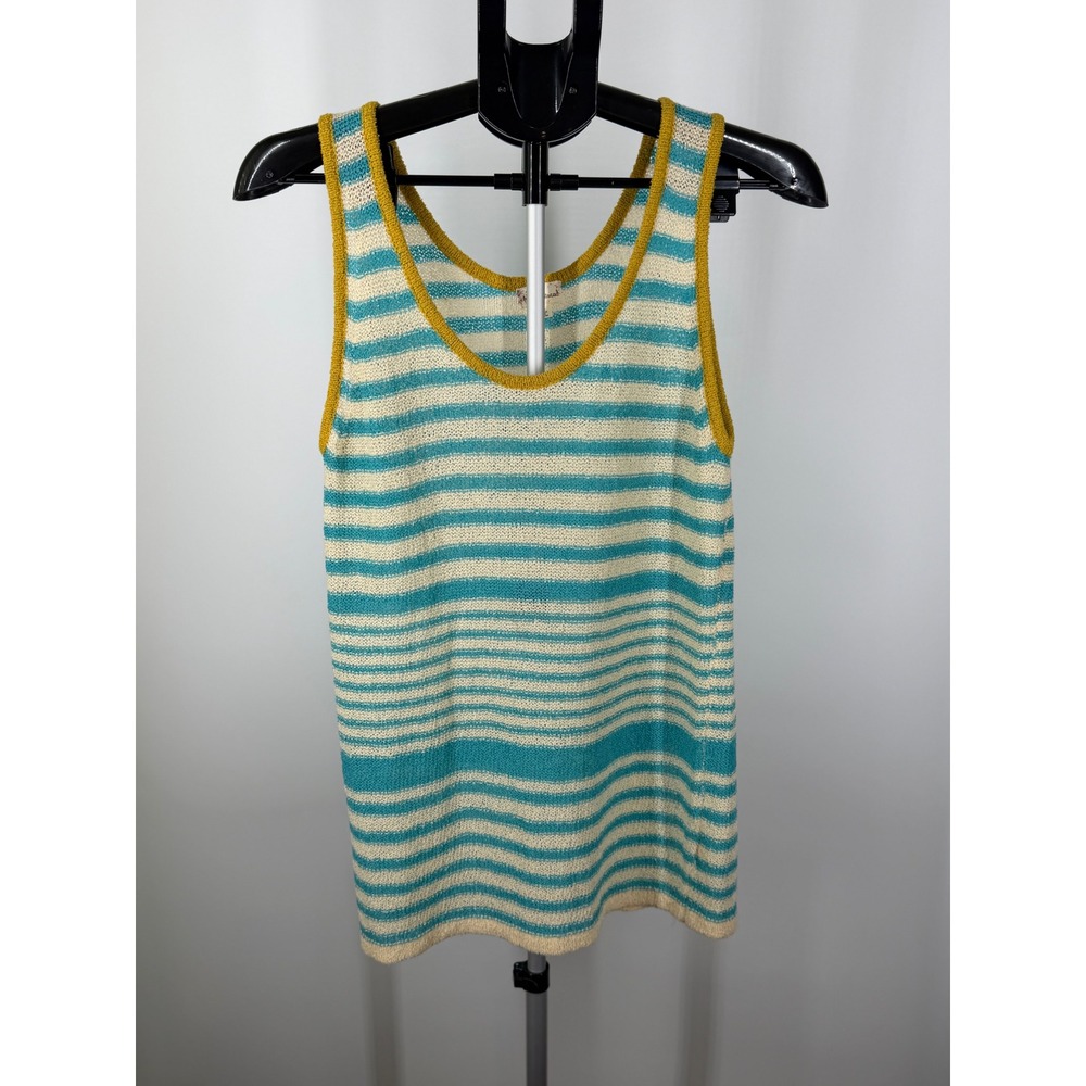 Hem & Thread Teal Cream Striped Knit Tank Top Mustard Trim Size L